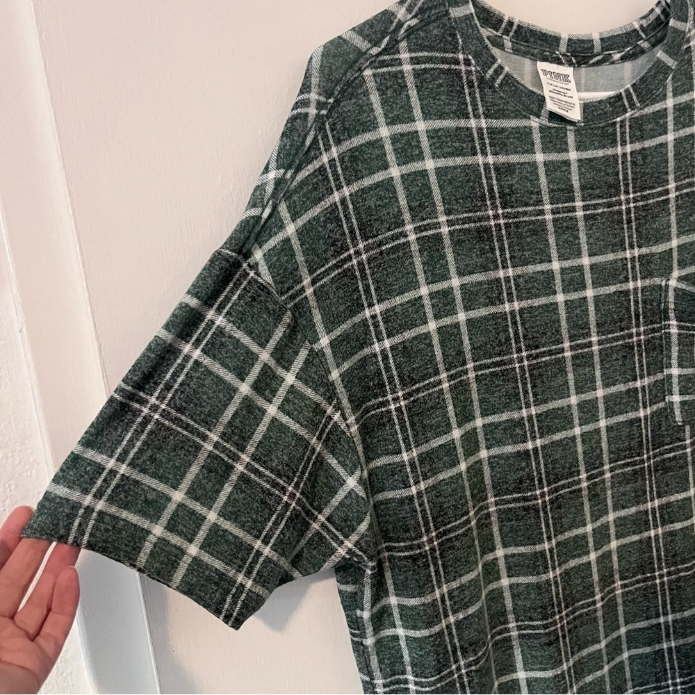 PINK Victoria’s Secret Flannel Night Shirt Oversized Plaid Green Cozy Small - Picture 6 of 9